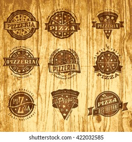 Pizza Logo Pizzeria Shop Wood Vintage Retro Label Template Texture Set Of Vector Pizza Design Elements Template For Logo Label Of Pizzeria On Vintage Retro New Wood Background That Make A Difference I