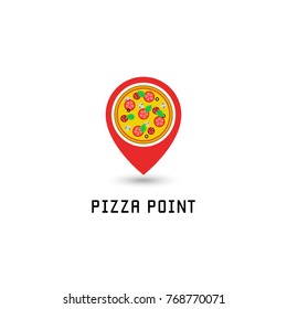 Pizza logo pointer pin location pizzeria fastfood point. Italian tasty round pizza with salami, tomato, mushrooms, cheese, basil and olives