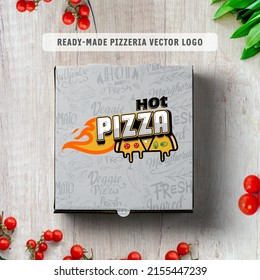 Pizza logo. For restaurant or pizzeria menu design. Pizzeria, flame vector logo template. Vector emblem for cafe, food delivery service. Cartoon Color Pizzeria Label Icon Sign Set Concept. Pizza box.