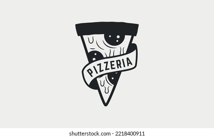 Pizza logo with ribbon banner. Cooking vintage logo. Pizza logo template. Label, badge for pizzeria, cooking courses, restaurant. Vector illustration