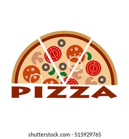 Pizza logo with salami, sausage, mushrooms, onion, olives, tomatoes; slice. Flat design template Cartoon flat image.Vector illustration
