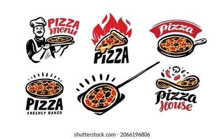 Pizza logo set. Emblems or restaurant menu, pizzeria, cafe. Vector illustration