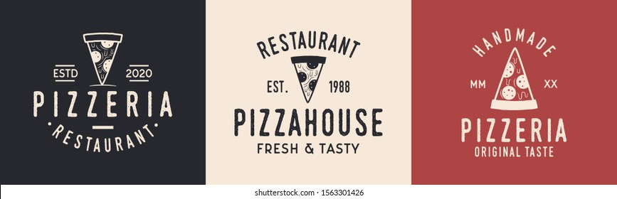 Pizza logo set. Logo for pizza house, pizzeria, restaurant with pizza slice. Typography Pizza, Pizzeria, Restaurant. Vector logo, sticker, poster template for restaurant, pizzeria.