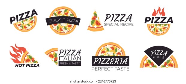 Pizza logo set. Italian pizza slices for dinner. Pizzeria stickers, fast food logotypes. Italia restaurant or delivery, racy vector badges for package