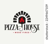 Pizza logo with pizza shovel and oven flame on white background