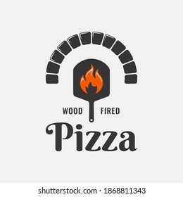 Pizza Logo With Pizza Shovel And Oven With Flame On White Background