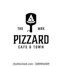 Pizza logo with pizza shovel and oven with flame on white background