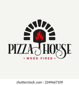 Pizza logo with pizza shovel and oven flame on white background