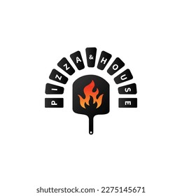 Pizza logo with pizza shovel and oven with flame on white background