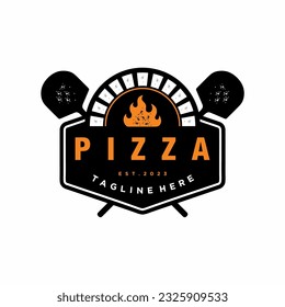 Logo de Pizza con pala de pizza y horno con llama sobre fondo blanco