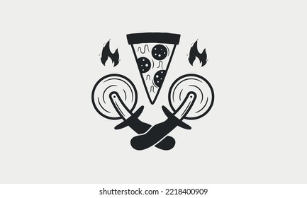 Pizza logo with pizza slice, cutter wheels and fire icons. Cooking vintage logo. Label, badge for pizzeria, cooking courses, restaurant. Vector illustration