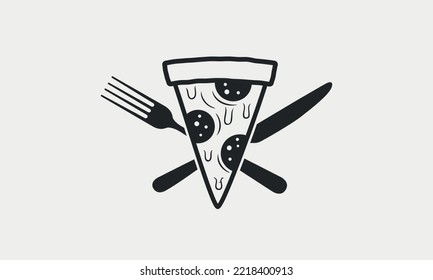 Pizza logo with pizza slice, knife and fork icons. Cooking vintage logo. Pizza template logo. Label, badge for pizzeria, cooking courses, restaurant. Vector illustration