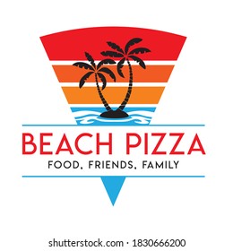 Pizza logo with sunset beach view, perfect tshirt, sticker design, also for pizza restaurant logo