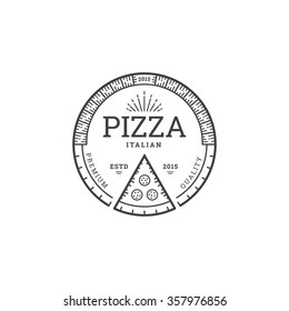 Pizza logo template for cafe or restaurant in linear style. Design emblem for pizzeria. Vector pizza stamp.