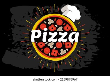 Pizza logo template, emblem for cafe, restaurant or food delivery service. Italian cuisine food advertising lettering. Pizza restaurant icon, label design, circle tag or sticker vector illustration