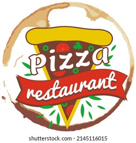 Pizza logo template, emblem for cafe, restaurant or food delivery service. Italian cuisine food advertising lettering in round frame. Pizza restaurant icon, label design, circle tag or sticker