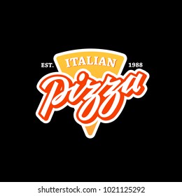Pizza logo template. Vector emblem for cafe, restaurant or food delivery service. Isolated on black background. Vector illustration