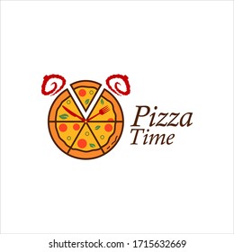 Pizza logo that looks like an alarm clock. Vector illustration