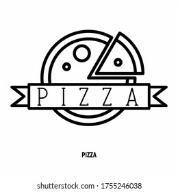 Pizza logo with thin line icon for menu design of restaurant or pizzeria. Vector illustration.
