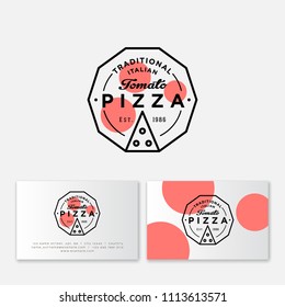 Pizza logo. Tomato pizza style. Simple linear stamp style. Geometry style. Pizzeria logo and business card. Italian traditional food emblem. 