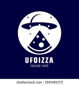 Pizza logo with ufo. flying ufo with a slice of pizza. Simple logo and trendy with modern typography for food packaging. can be used for product logo, icon, symbol and packaging. isolated background