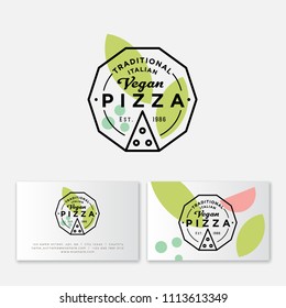 Pizza logo. Vegan pizza style. Simple linear stamp style. Geometry style. Pizzeria logo and business card. Italian traditional food emblem. 