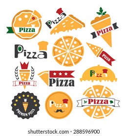 Pizza logos. Vintage pizzeria labels, badges and design elements