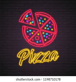 Pizza Logotype Bright Icon Neon Light glowing Vector Illustration with Dark Background
