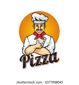 Pizza logotype, chef and text, font, vector logotype and emblem illustration isolated on white background