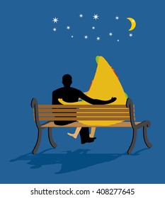 Pizza looked at stars. Date night. Man and piece of pizza sit on bench. Moon and stars in night dark sky. Romantic meal illustration life gourmet