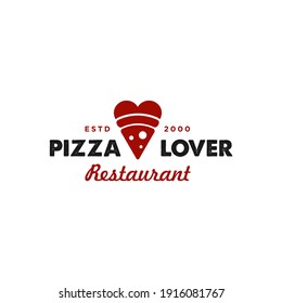 pizza love logo with red love heart valentine icon for a cafe and restaurant business, vintage hipster style restaurant logo.