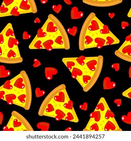 Pizza amor Patrón sin fisuras. Pedazo de pizza con corazón Fondo. Signo para textura de pizzería