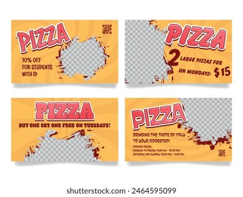 Pizza loyalty card for sale special offer design template with copy space set vector illustration. Fast food cafe cafeteria restaurant menu discount price off coupon bonus voucher promo certificate