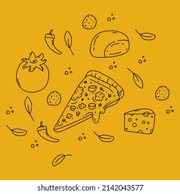 Pizza maker. Background for a poster with doodles of pizza ingredients. Pattern for pizzeria textiles. Vector illustration