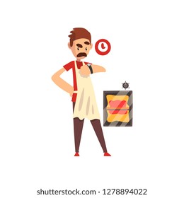 Pizza maker character making pizza, stage of preparing Italian pizza vector Illustration