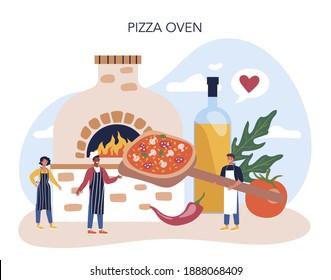 Pizza maker concept. Chef cooking tasty delicious pizza. Italian food. Salami and mozarella cheese, tomato slice. Isolated vector illustration in cartoon style