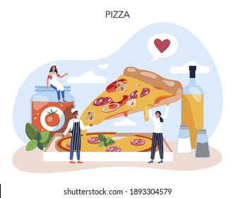 Pizza maker concept. Chef cooking tasty delicious pizza. Italian food. Salami and mozarella cheese, tomato slice. Isolated vector illustration in cartoon style