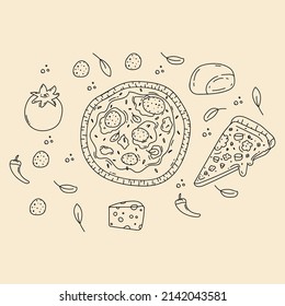 Pizza maker doodle background. A pattern with pizza slices. Cheese, pizza, and doodle-style pizza ingredients. Vector illustration