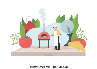 Pizza maker flat concept vector illustration. Professional chef. Baker in kitchen. Traditional brick oven. Pizzaiolo 2D cartoon character for web design. Fast food preparation creative idea