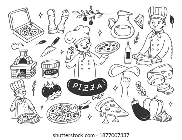 Pizza maker with pizza ingredients doodle