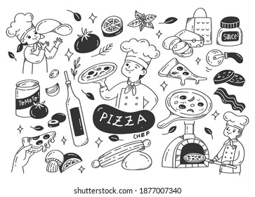 Pizza maker with pizza ingredients doodle