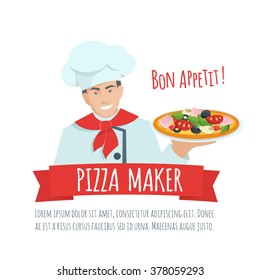 Pizza maker  label  vector. Chef holding pizza. Pizza maker  cartoon flat illustration.