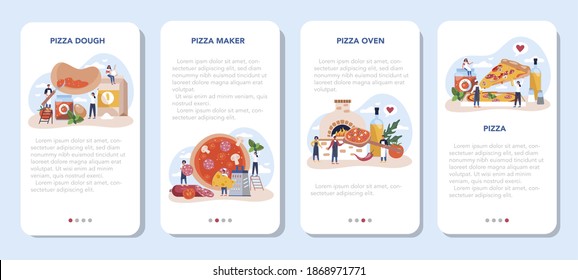 Pizza maker mobile application banner set. Chef cooking tasty delicious pizza. Italian food. Salami and mozarella cheese, tomato slice. Isolated vector illustration in cartoon style
