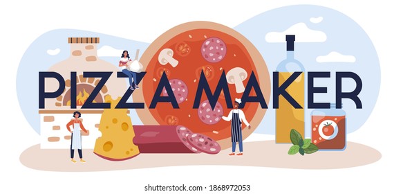 Pizza maker typographic header. Chef cooking tasty delicious pizza. Italian food. Salami and mozarella cheese, tomato slice. Isolated vector illustration in cartoon style