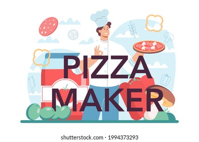 Pizza maker typographic header. Chef cooking tasty delicious pizza. Italian food. Salami and mozarella cheese, tomato slice. Isolated vector illustration in cartoon style