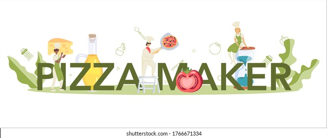 Pizza maker typographic header concept. Chef cooking tasty delicious pizza. Italian food. Salami and mozarella cheese, tomato slice. Isolated vector illustration in cartoon style