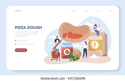 Pizza maker web banner or landing page. Chef cooking tasty delicious pizza. Italian food. Salami and mozarella cheese, tomato slice. Isolated vector illustration in cartoon style