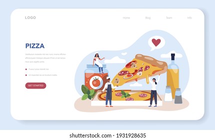 Pizza maker web banner or landing page. Chef cooking tasty delicious pizza. Italian food. Salami and mozarella cheese, tomato slice. Isolated vector illustration in cartoon style