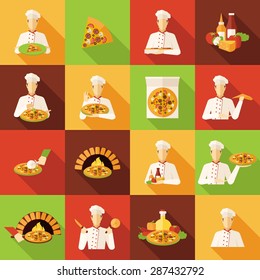 Pizza makers food and kitchen on colour background long shadows flat icons set isolated vector illustration