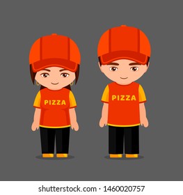 Pizza makers, woman and man. Little cartoon girl and boy in uniform holding pizza boxes. Kawaii cartoon characters. Vector flat illustration.